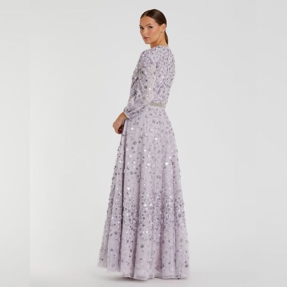 Mac Duggal Purple Floral Applique Puff Sleeve High Neck A-Line Gown Dress - Picture 5 of 15